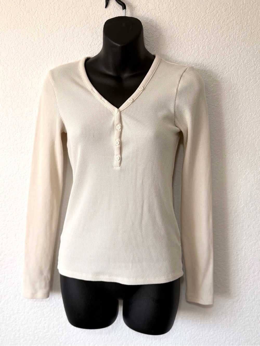 Bella Swan Core AE Cream Ribbed Henley Long Sleeve Top